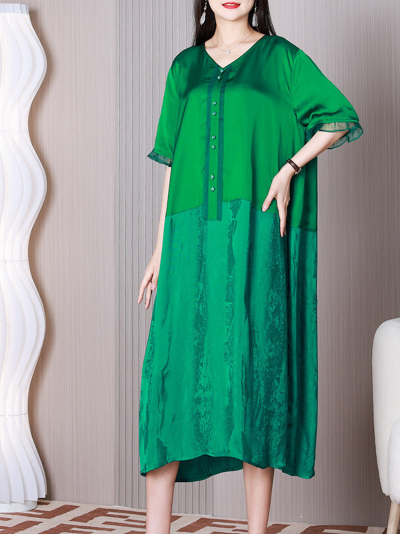 V-Neck Short Sleeve Button Placket Satin Loose A-Line Midi Dress