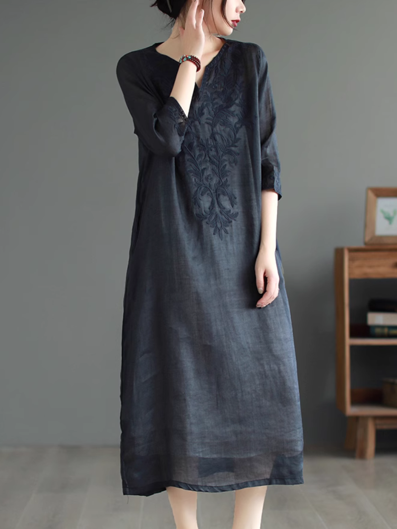 V-Neck Floral Embroidered Long Sleeve Loose Linen Midi Dress 7
