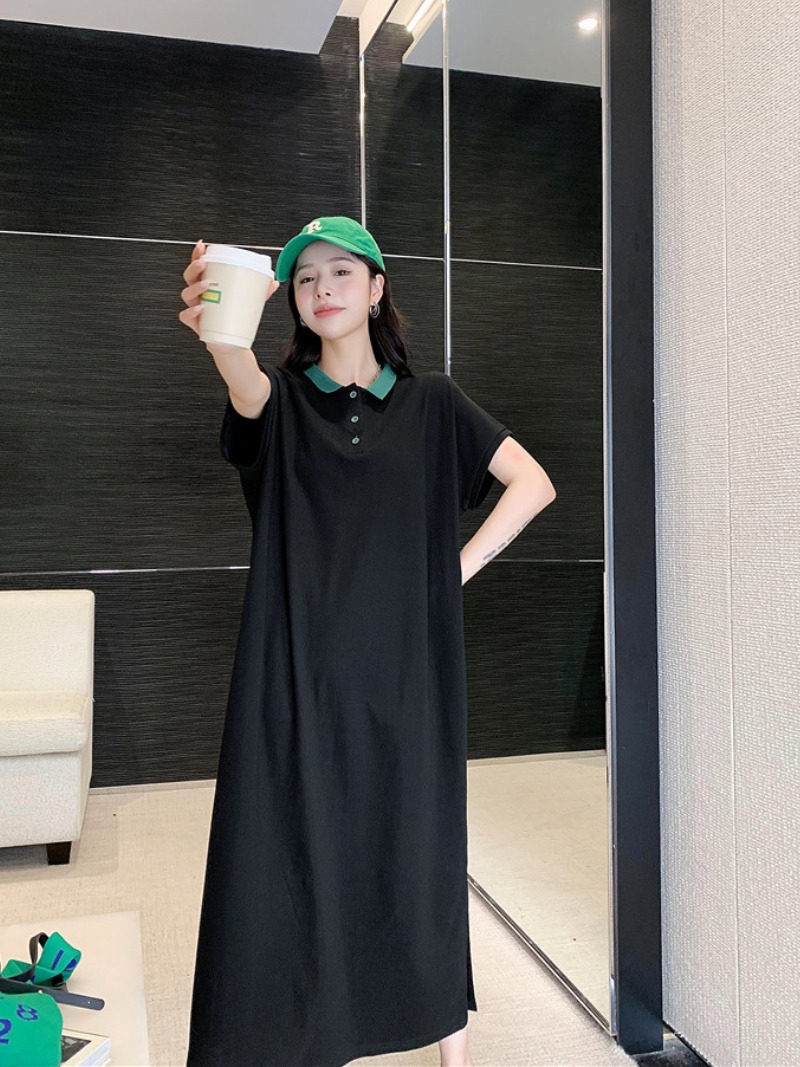 Polo Collar Button Short Sleeve Loose A-Line Maxi Dress