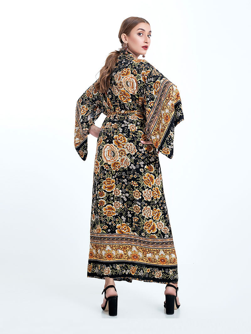 Black Baroque Floral Print Border Trim Belted Wide Sleeve Long Kimono