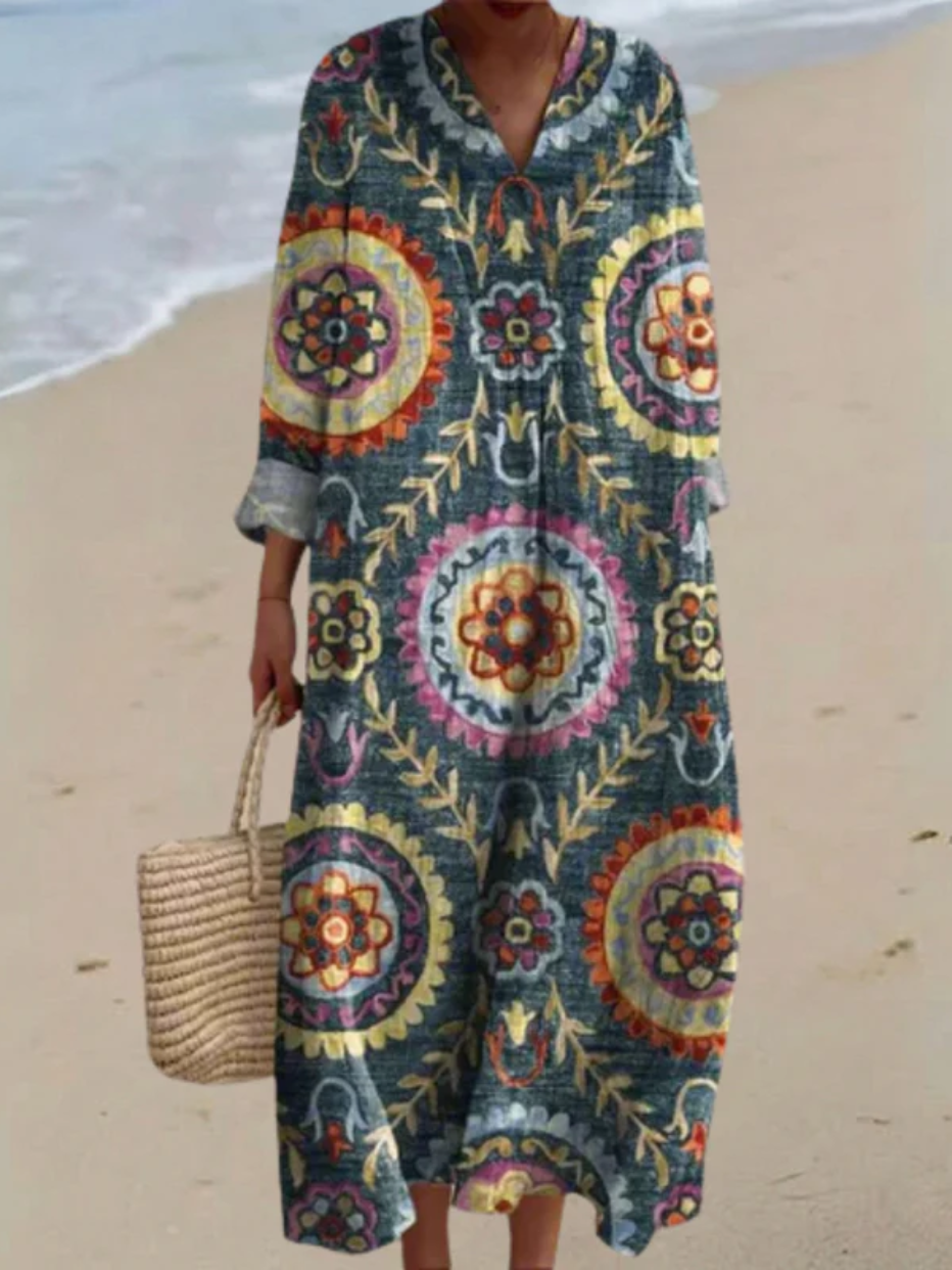 Split V-Neck Long Sleeve Floral Medallion Print Shift Maxi Dress
