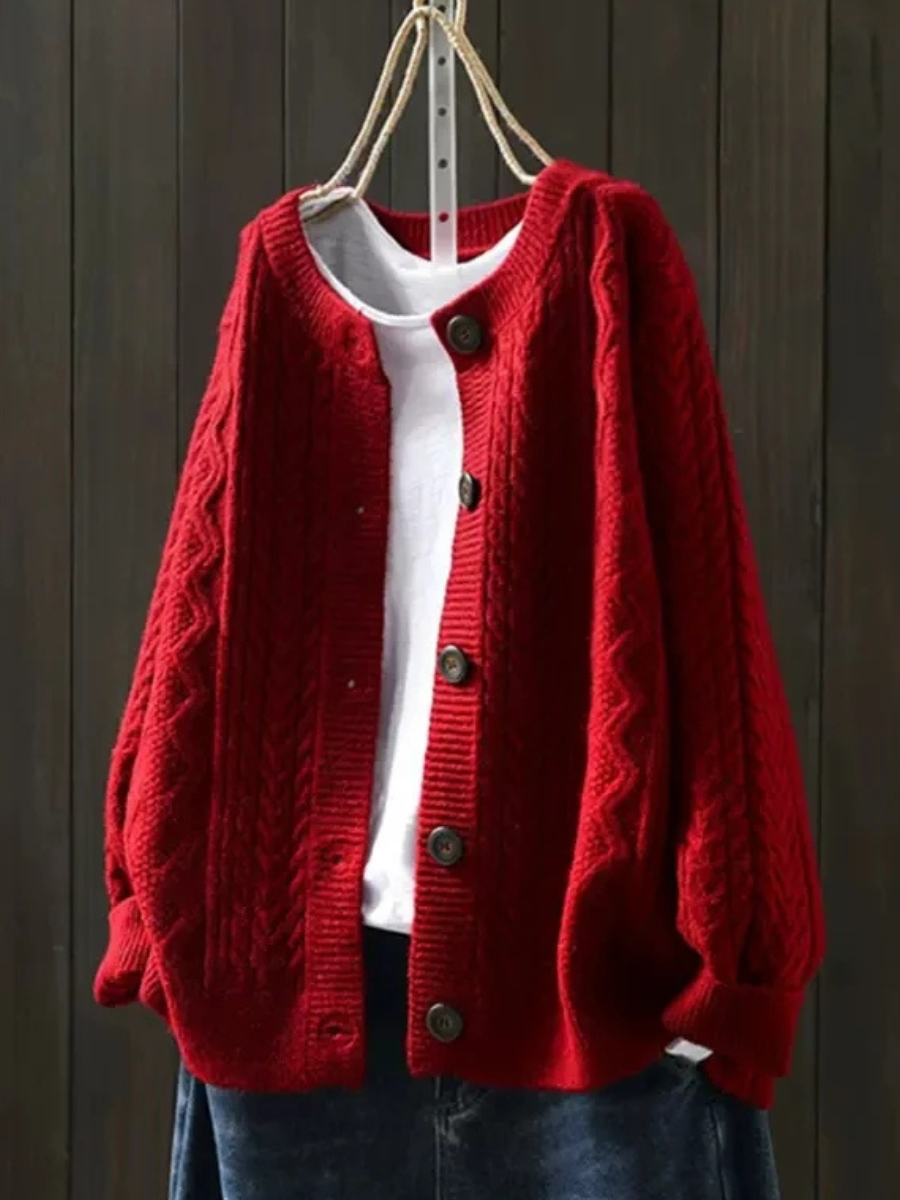 Round Neck Button Front Cable Knit Long Sleeve Cardigan