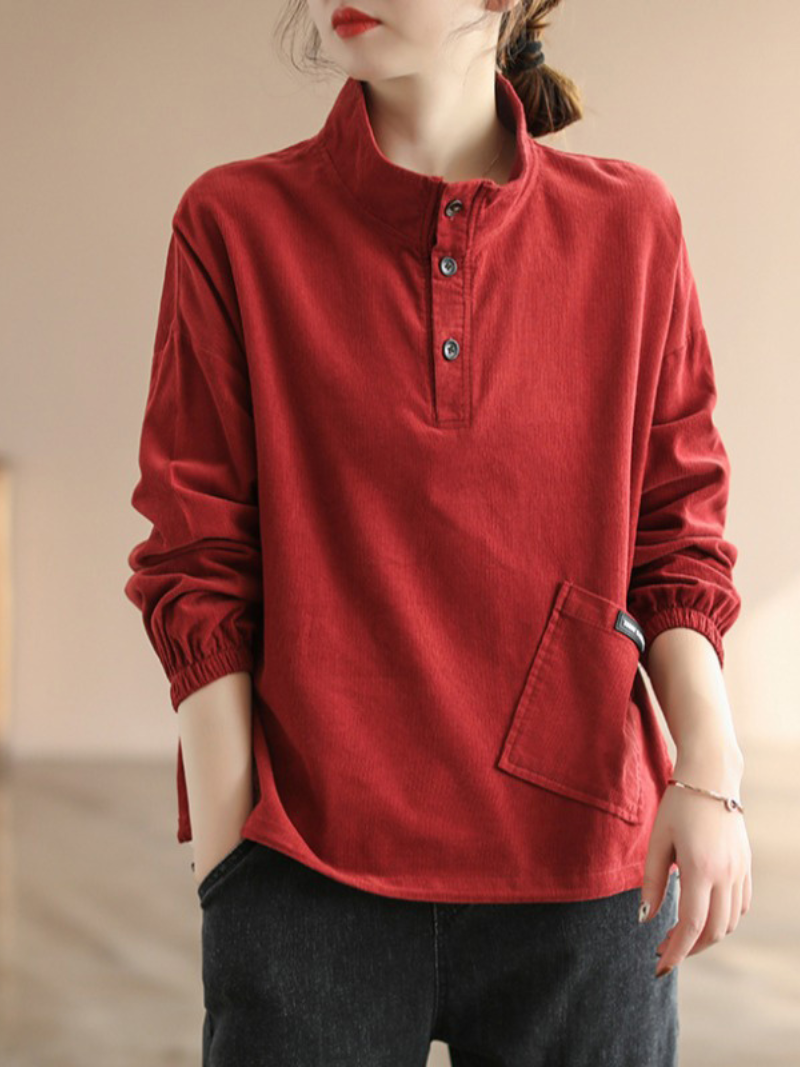 Stand Collar Button Placket Long Sleeve Patch Pocket Corduroy Top 2