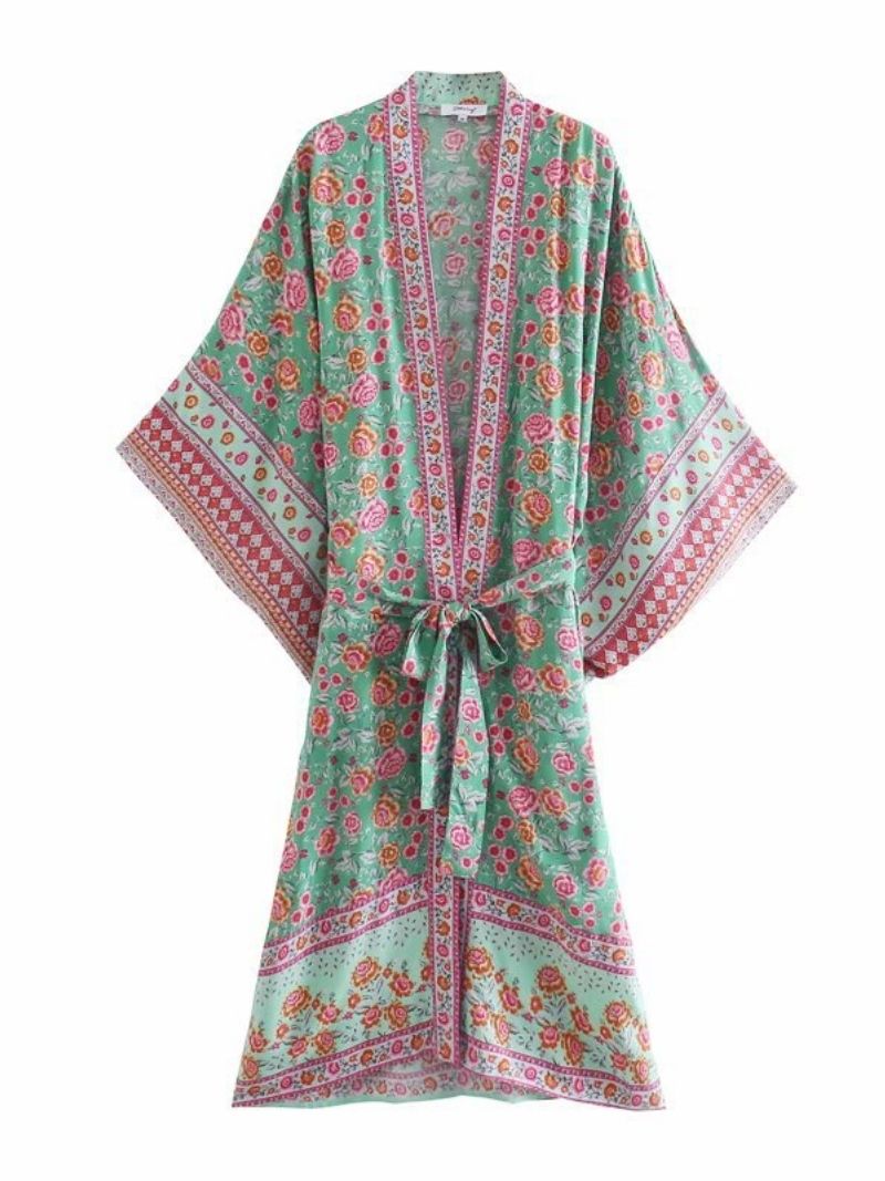 Green Rose Floral Print Border Trim Tie Waist Wide Sleeve Long Kimono