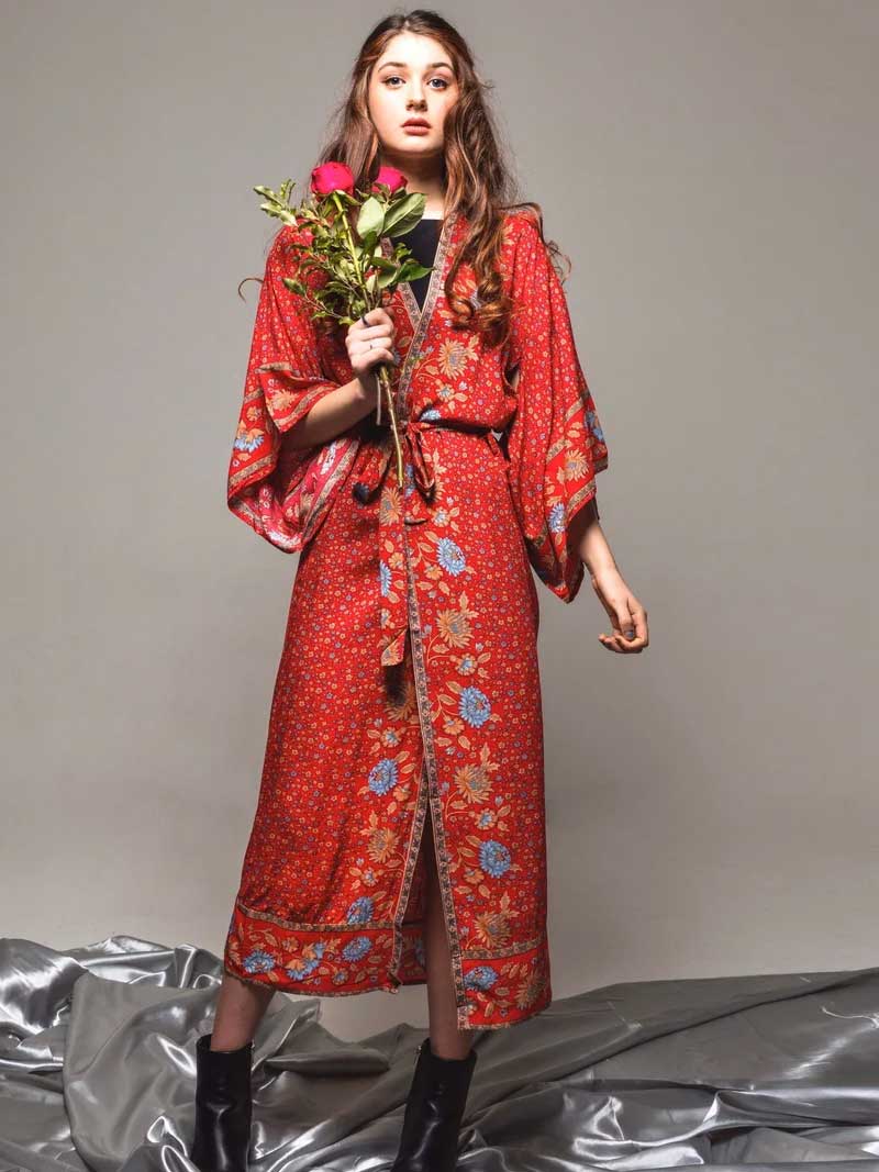 Red Bohemian Floral Border Print Belted Flared Sleeve Long Kimono Robe