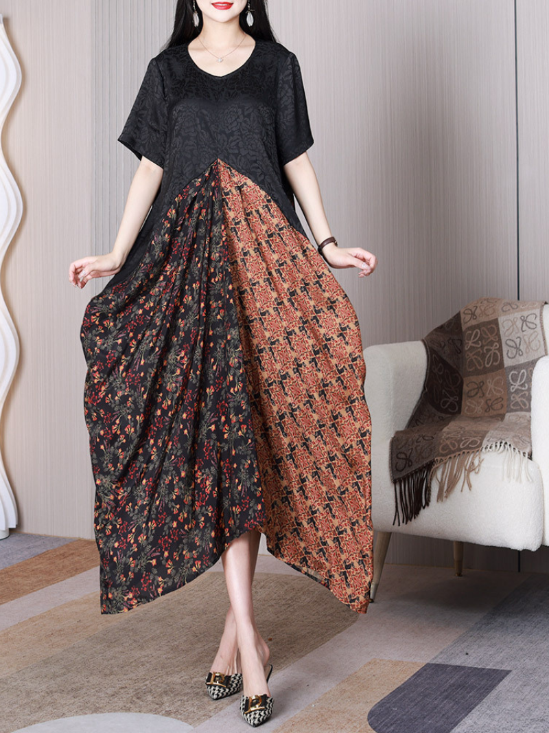 Black V-Neck Floral Patchwork Short Sleeve Asymmetric A-Line Midi Dress