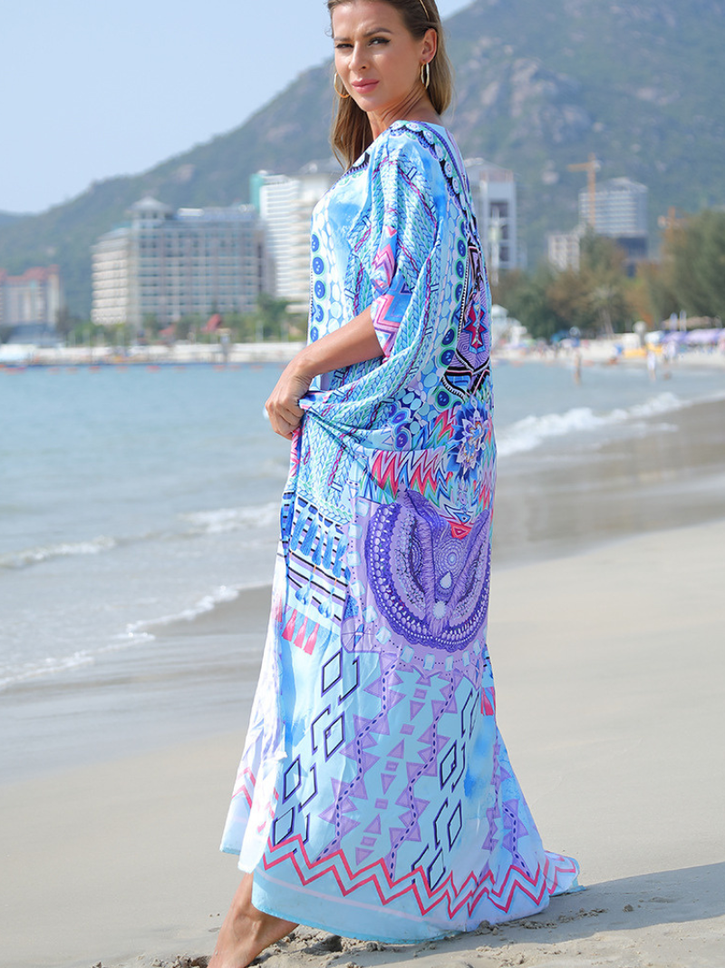 Blue Round Neck Bohemian Print Batwing Sleeve Loose Kaftan Maxi Dress 3