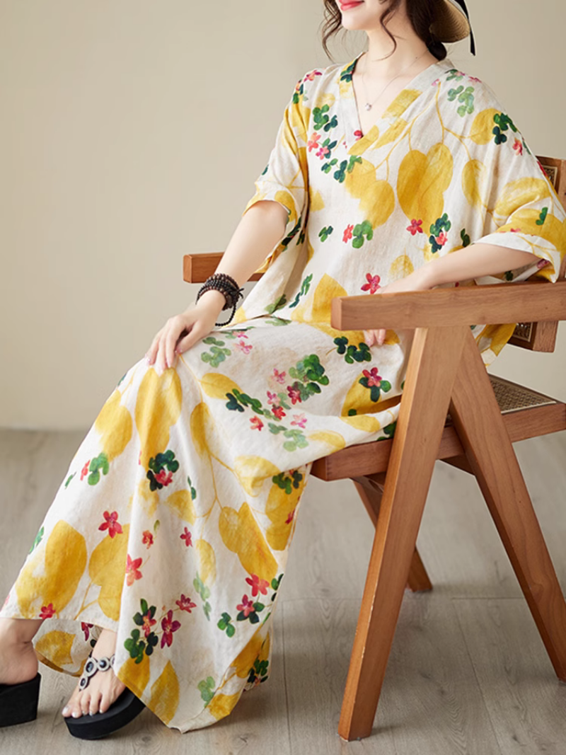 V-Neck Watercolor Floral Short Sleeve Loose Kaftan Maxi Dress 5