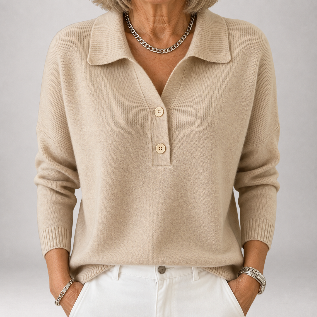 Oat Polo Collar Button Placket Long Sleeve Knit Sweater