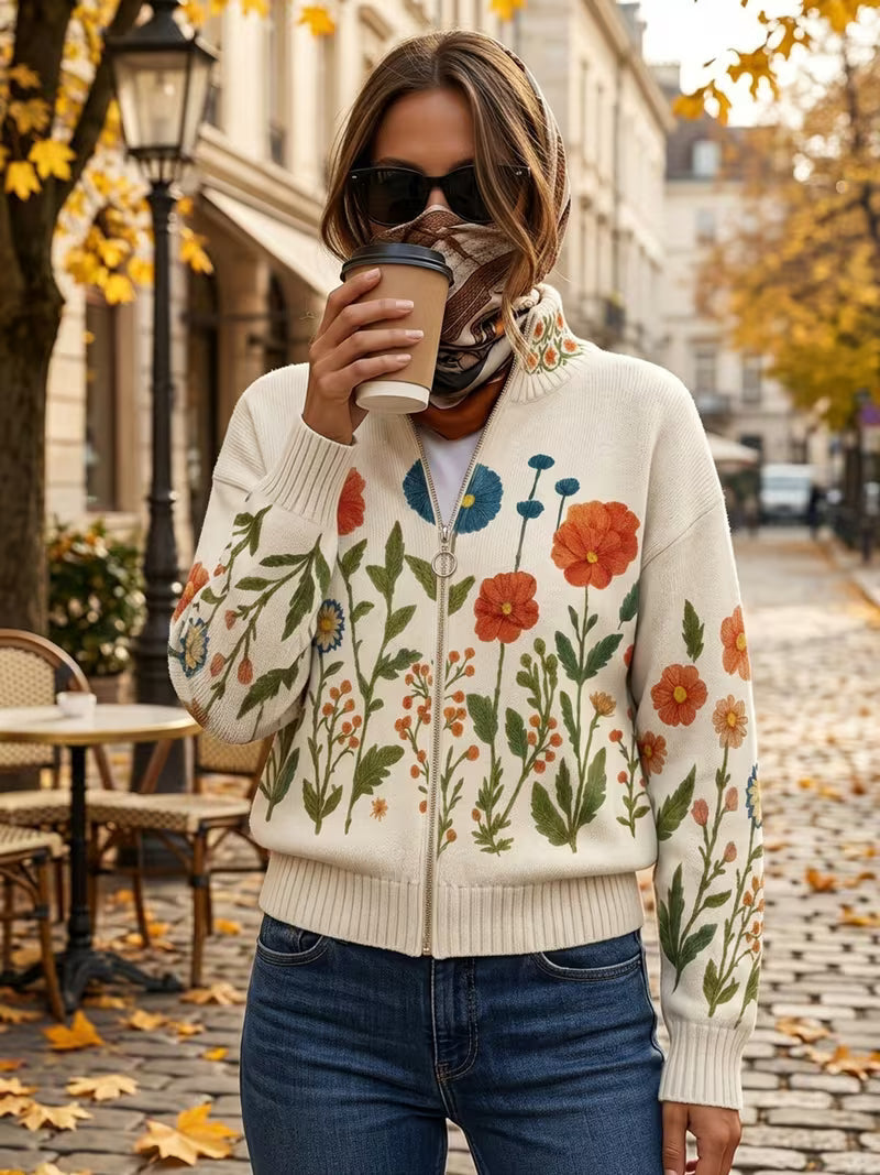 Stand Collar Wildflower Print Zip Front Knit Cardigan 2