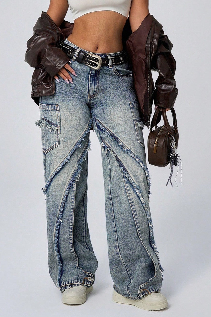 Wide Leg Raw Hem Patchwork Loose Fashion Jeans