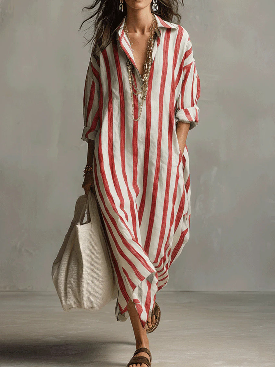 Collared Striped Long Sleeve Oversized Linen Shirt Maxi Dress 6