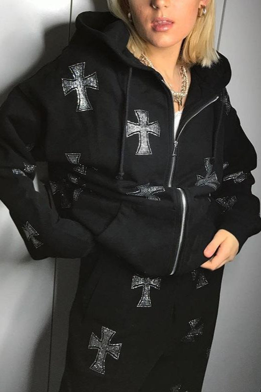 Cross Rhinestone Zip Loose Hoodie
