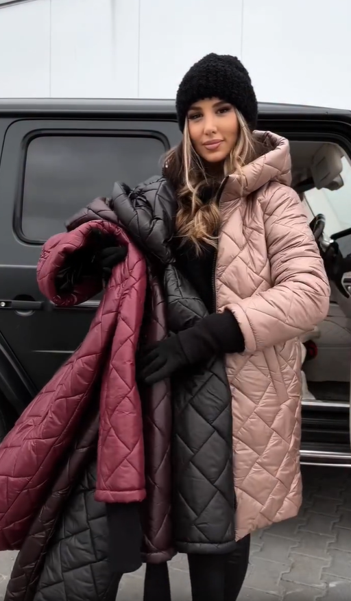 Hooded Diamond Quilted Zip-Up Longline Puffer Coat