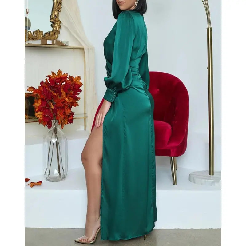 Alejandra Premium Dark Green Satin Midi Dress Wardrobe Essential