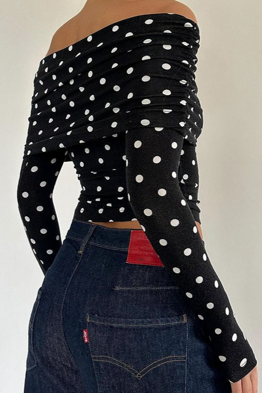 Polka Dot Color Block OffShoulder Crop Top