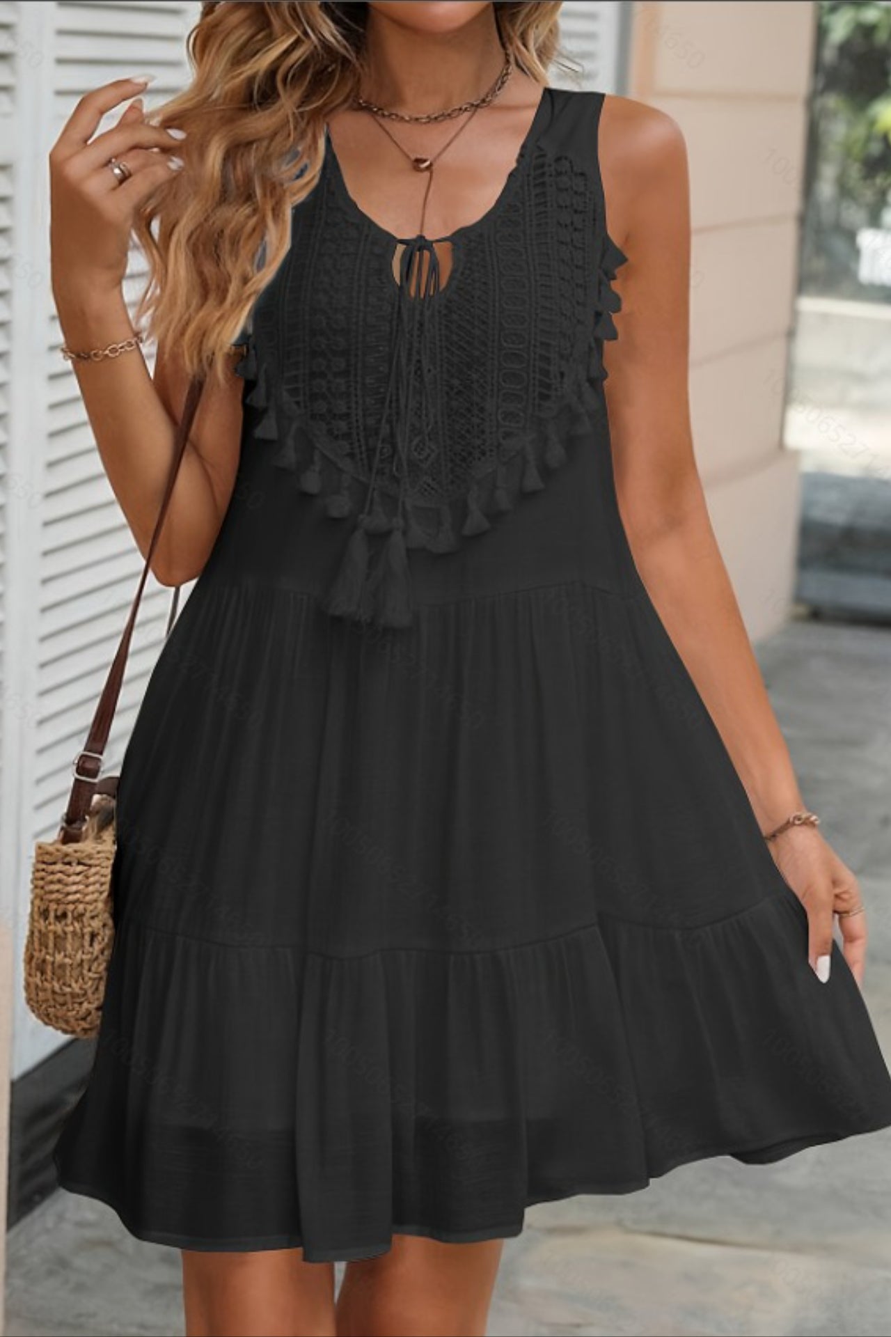 Keyhole Neck Crochet Lace Bib Tassel Tiered Mini Dress 4