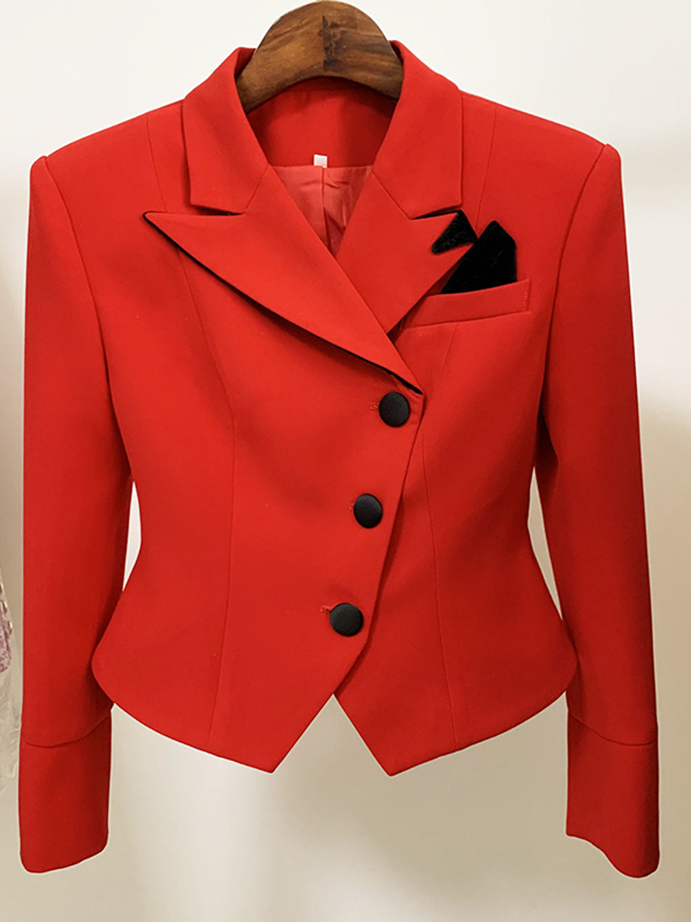 Red Asymmetric Lapel Button Front Pocket Square Structured Blazer 3