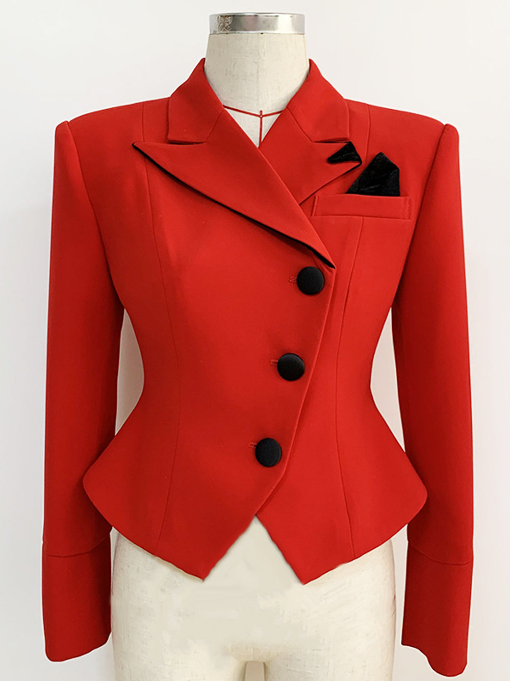 Red Asymmetric Lapel Button Front Pocket Square Structured Blazer
