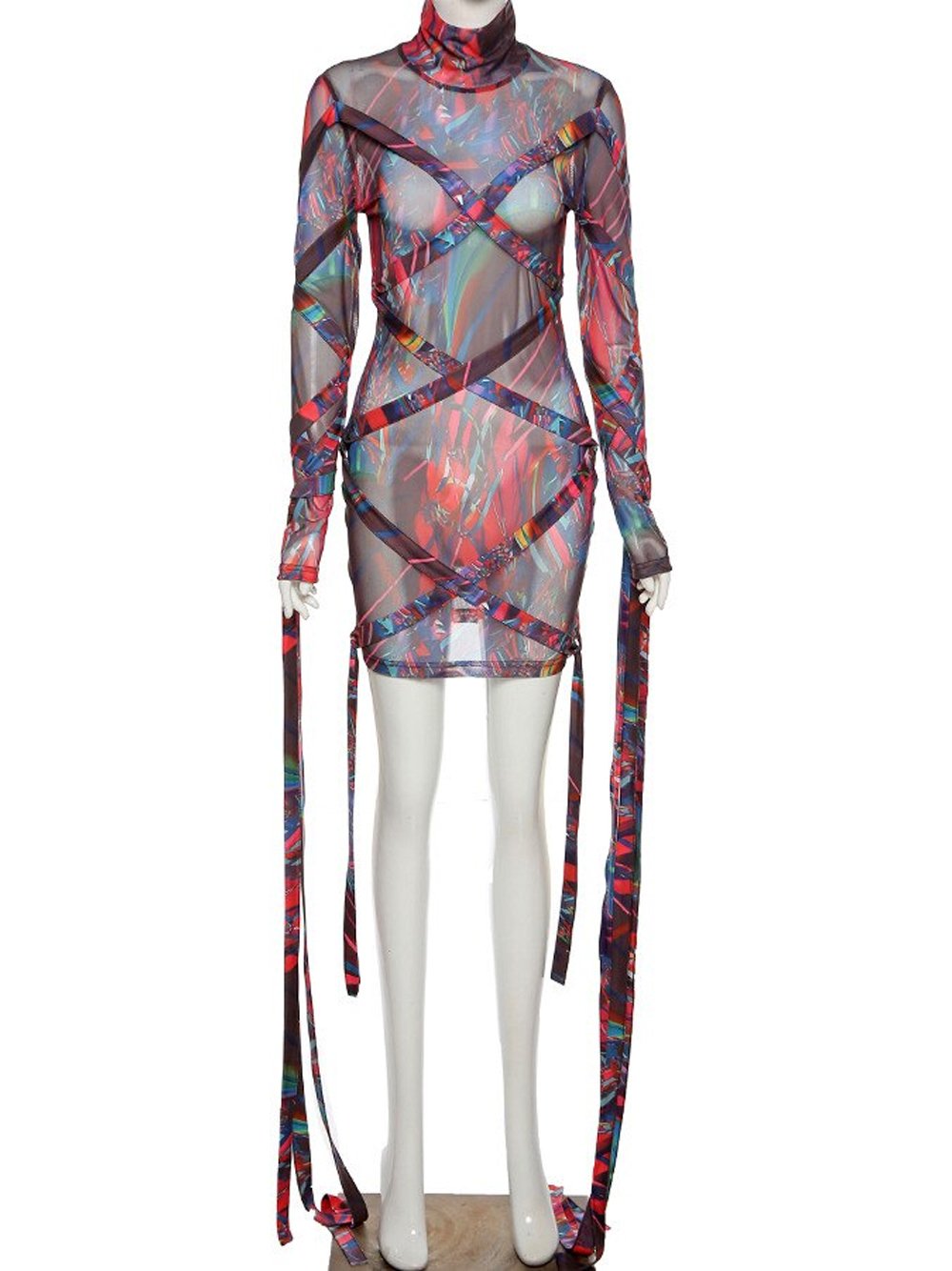 Multicolor Mock Neck Abstract Print Mesh Long Sleeve Strappy Bodycon Mini Dress