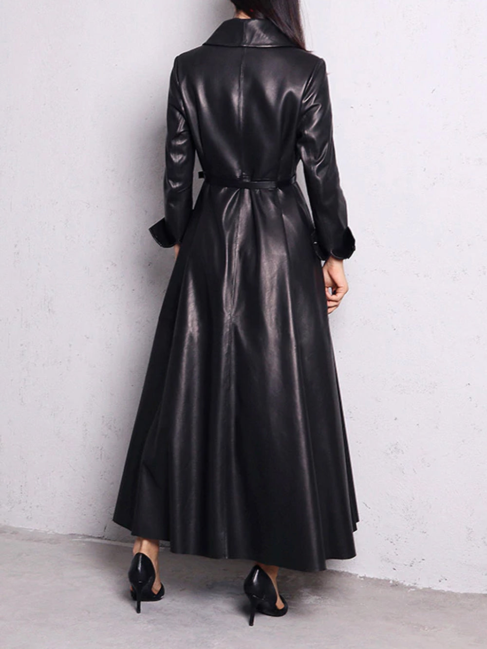 Lapel Belted Leather Maxi Trench Coat 14