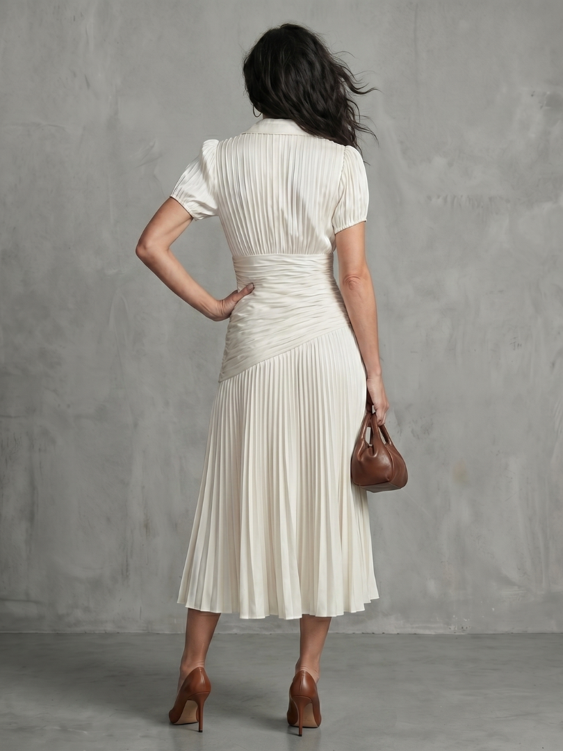 Collared Pinstripe Short Sleeve Ruched Waist Pleated Midi Dress
