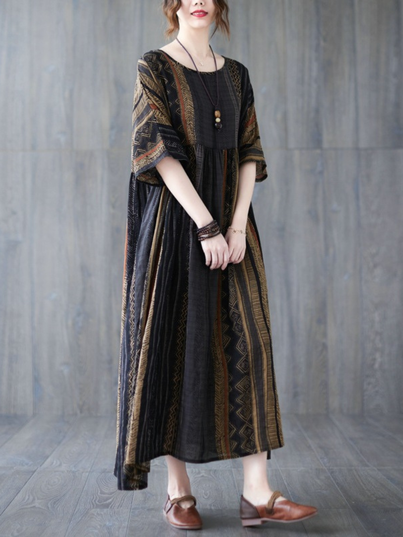 Multi Color Round Neck Ethnic Stripe Print Pleated Smock Cotton Midi Dress