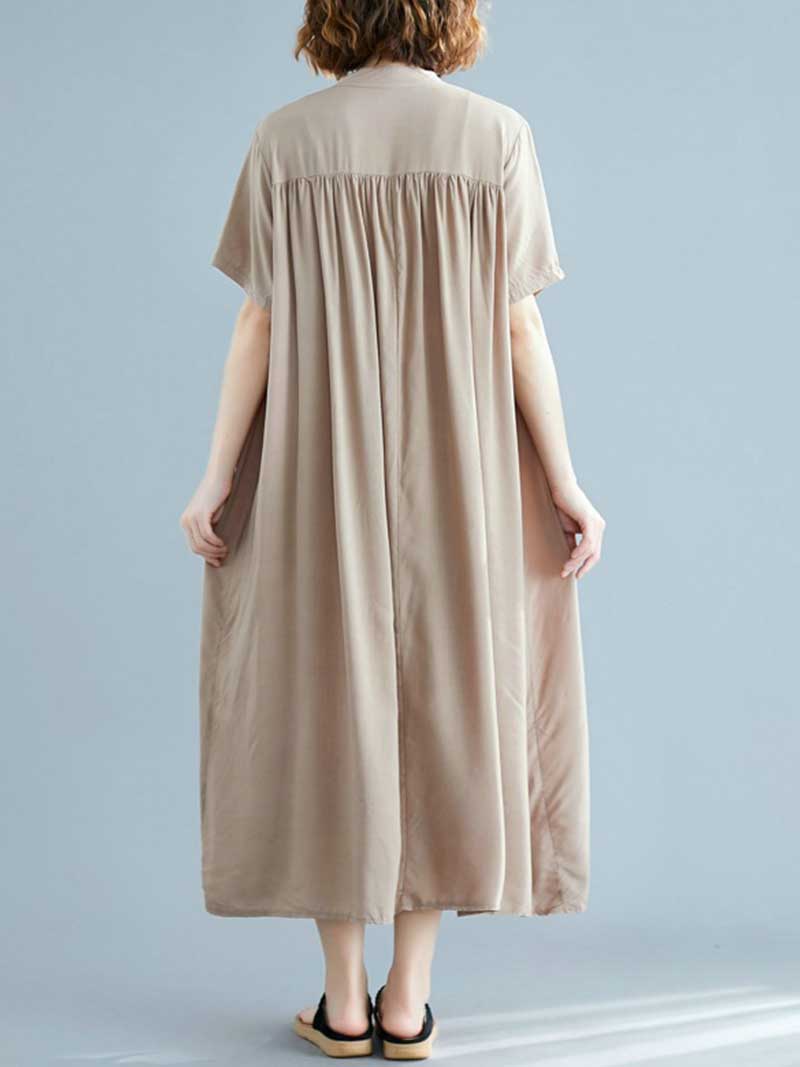 Button Front Short Sleeve Loose Cotton Shirt Maxi Dress 11