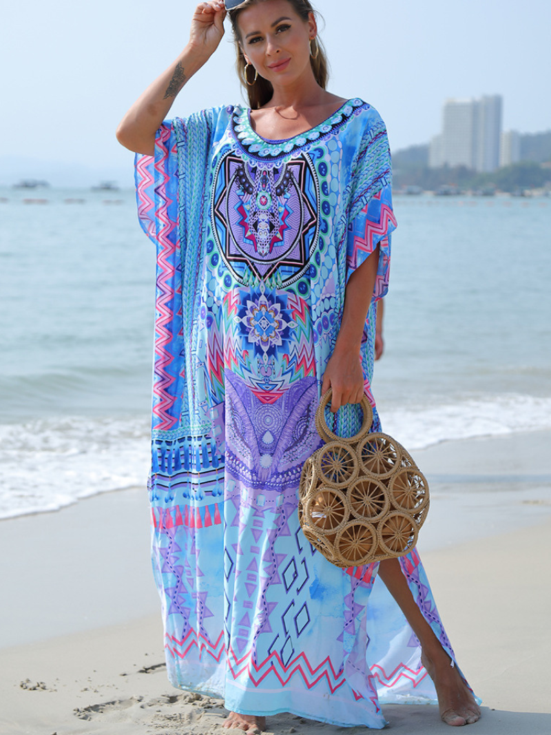 Blue Round Neck Bohemian Print Batwing Sleeve Loose Kaftan Maxi Dress 4