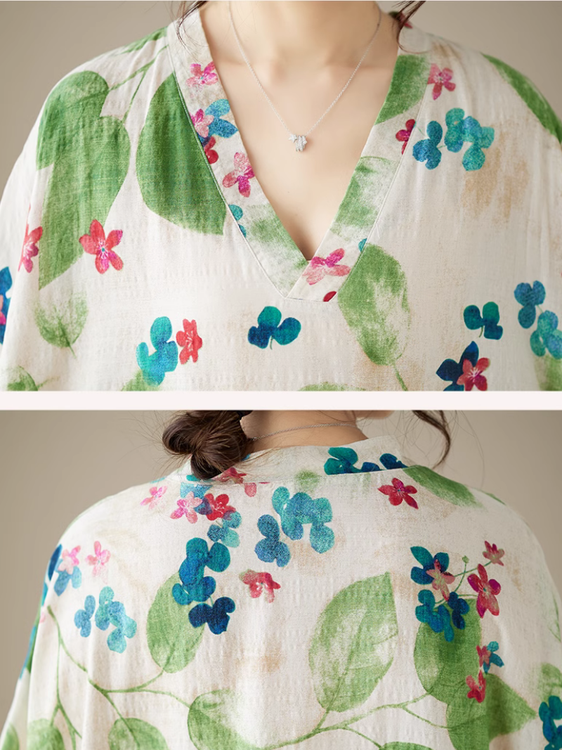 V-Neck Watercolor Floral Short Sleeve Loose Kaftan Maxi Dress 6