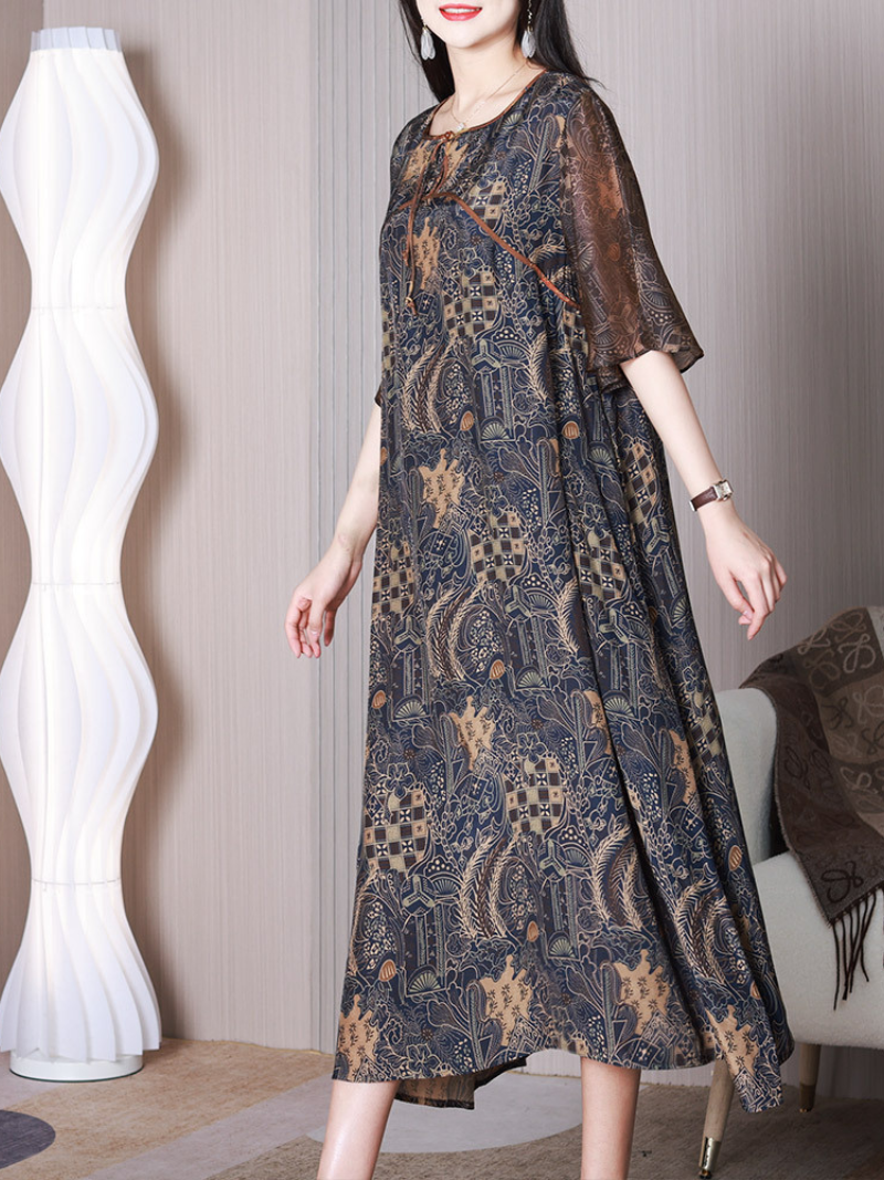 Blue Round Neck Tie Front Floral Print Flutter Sleeve A-Line Midi Dress 3