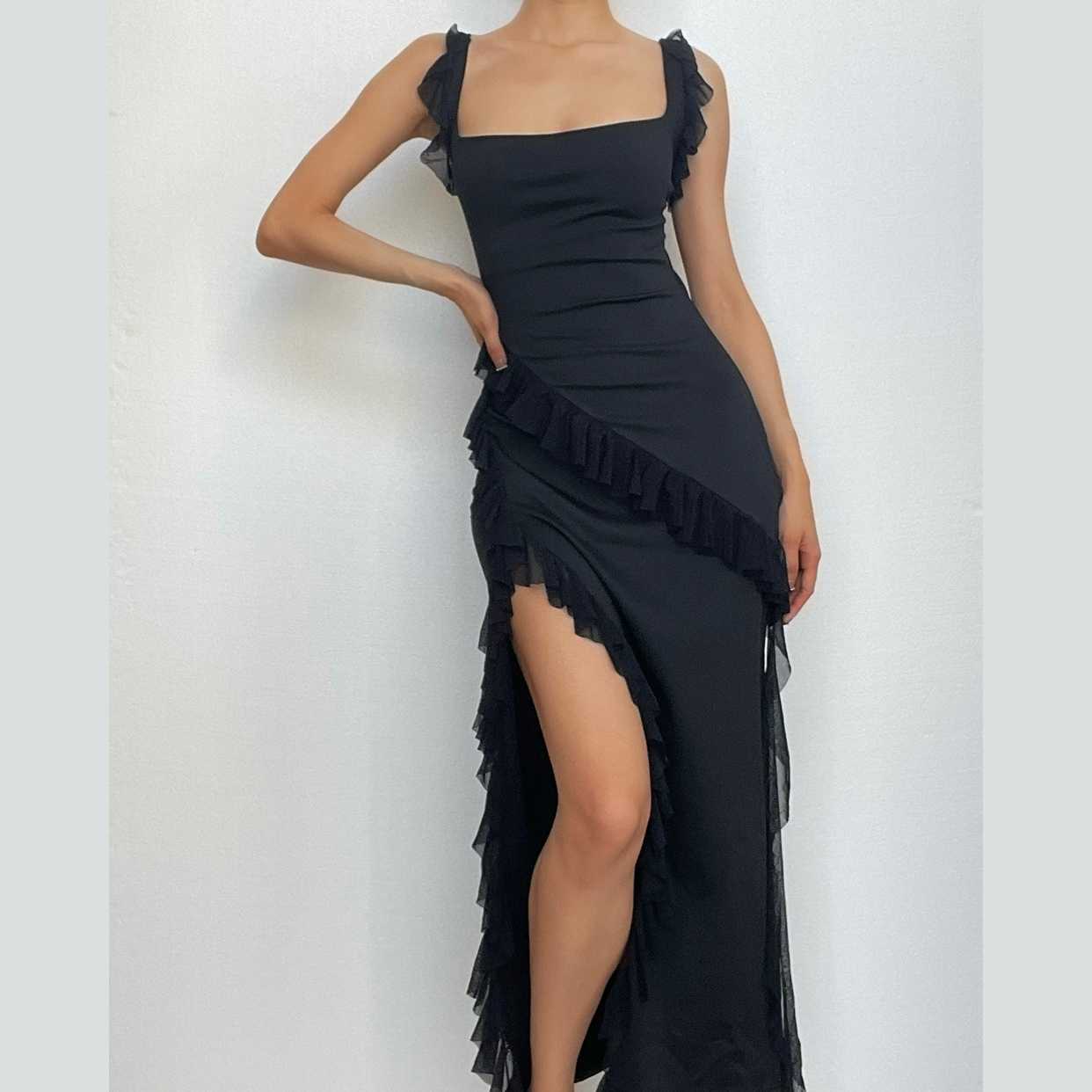 Ruffle cap sleeve slit square neck irregular solid maxi dress