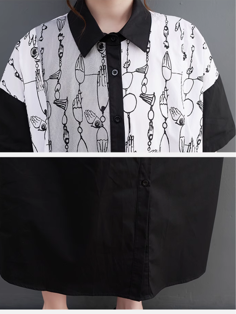 Collared Button Front Abstract Print Short Sleeve Shirt Midi Dress 2