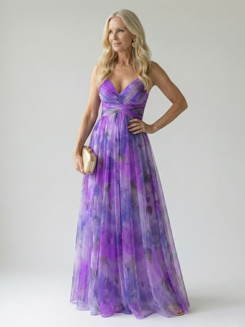 Spaghetti Strap V-Neck Floral Print Pleated Tulle Maxi Gown 14