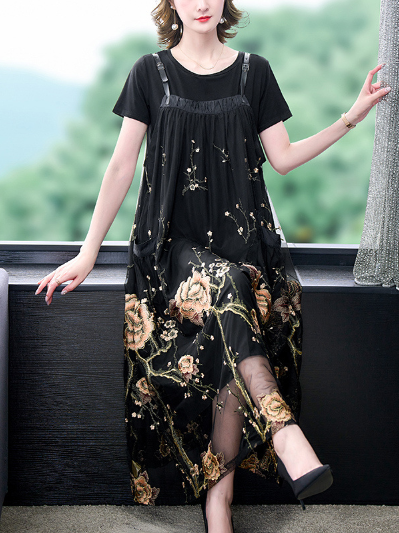 Strap Floral Embroidered Mesh Overall Pinafore Midi Dress