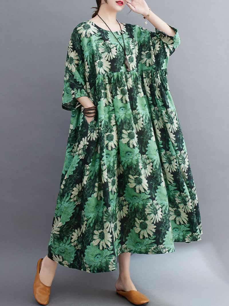 Round Neck Half Sleeve Daisy Floral Print Smock Maxi Dress