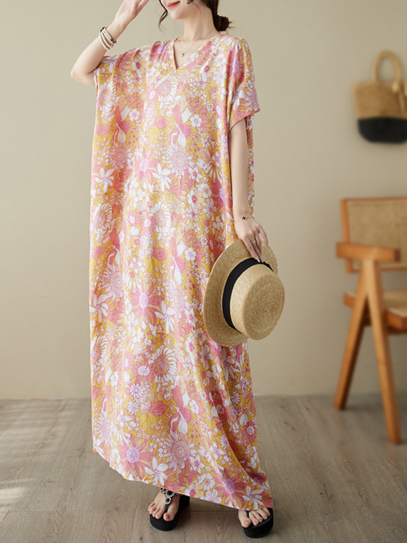 Pink V-Neck Floral Print Short Sleeve Loose Maxi Dress 5