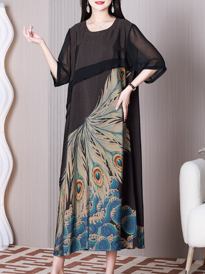 Round Neck Half Sleeve Peacock Print Chiffon Midi Dress