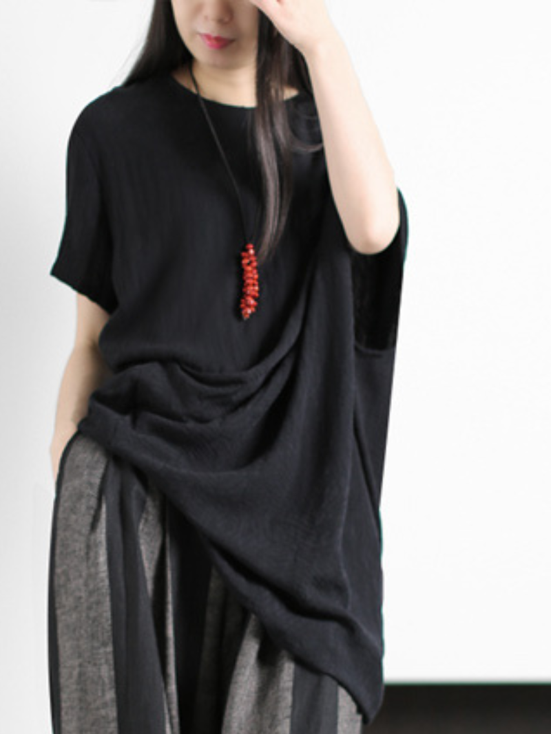 Black Round Neck Short Sleeve Top Striped Wide-Leg Pants Set 2