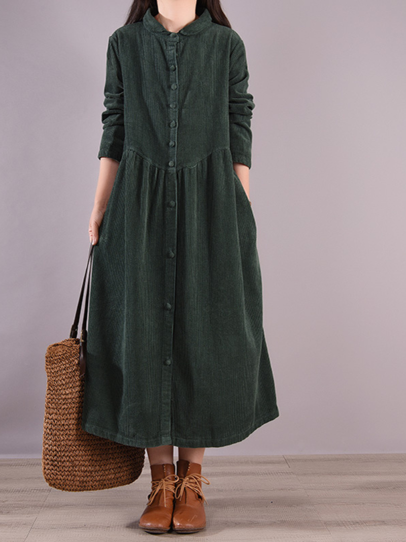 Peter Pan Collar Long Sleeve Button Front Corduroy Midi Dress 2
