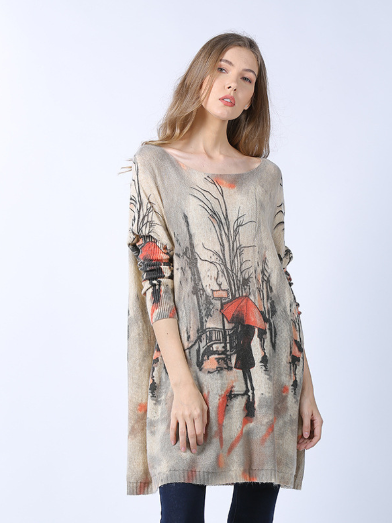 Khaki Boat Neck Batwing Sleeve Scenic Print Loose Knit Tunic Sweater 2