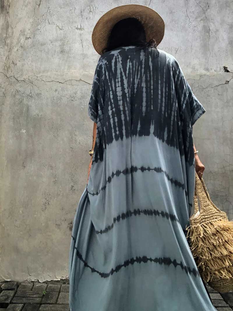 Tie-Dye Print Belted Short Sleeve Long Kimono Duster Robe 9