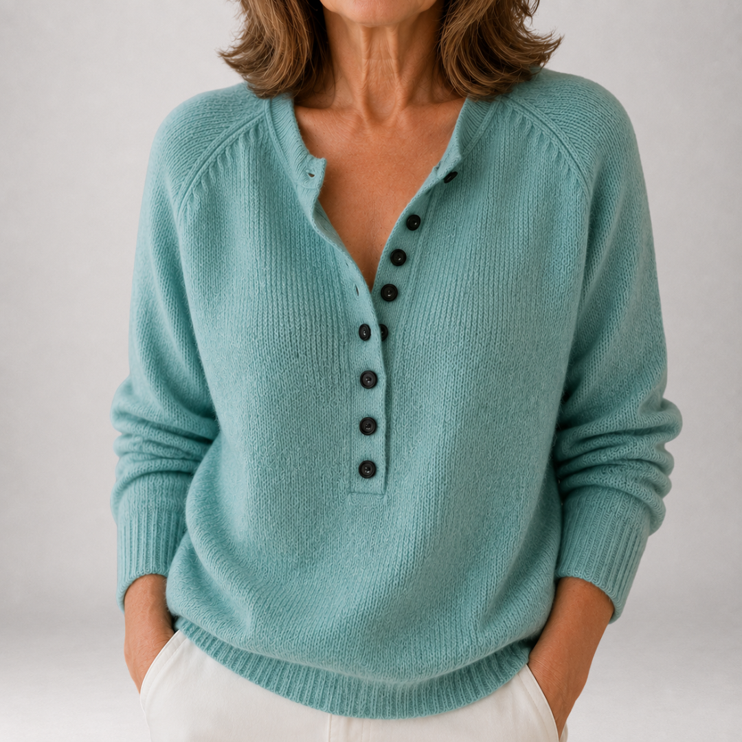Seafoam Button Placket Henley Long Sleeve Knit Sweater