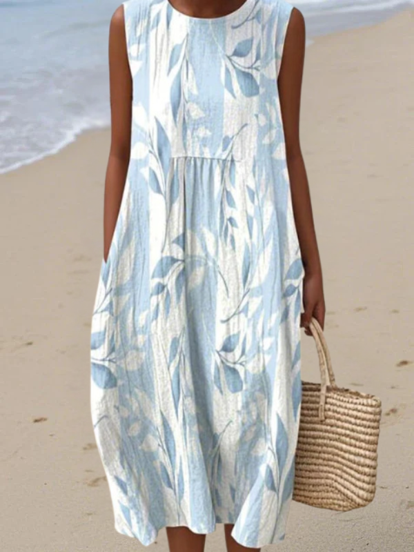 Multicolor Round Neck Leaf Print Sleeveless Pocket Swing Midi Dress