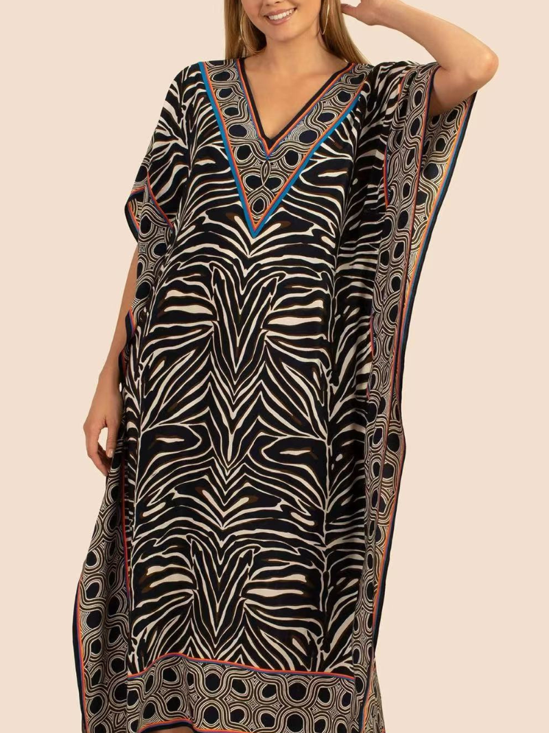 Black V-Neck Animal Print Border Trim Kaftan Maxi Dress 2