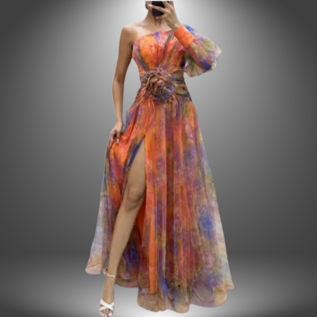 One-Shoulder Watercolor Print Feather Waist High Slit Tulle Maxi Gown