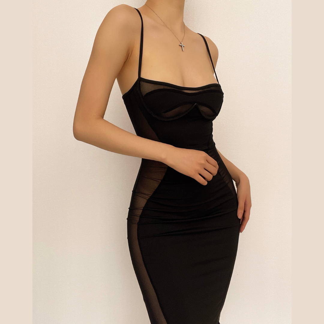 Low Cut Mesh See Through Patchwork Cami midi Dress