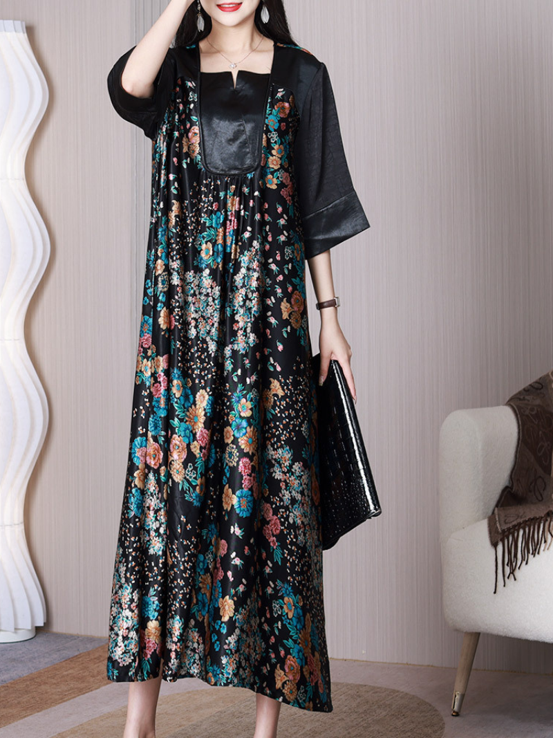 Notch Square Neck Floral Print Half Sleeve Loose A-Line Maxi Dress