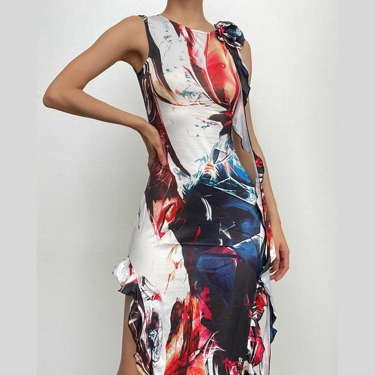 Ribbon sleeveless flower applique contrast print maxi dress