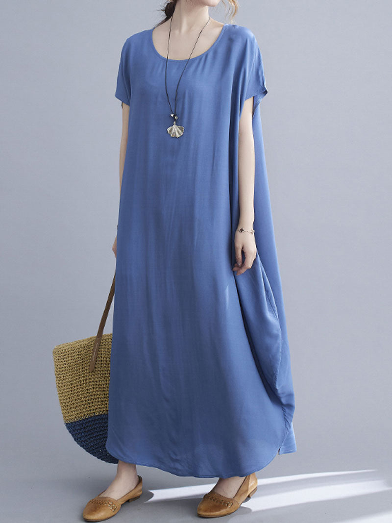 Round Neck Short Sleeve Loose Cocoon Maxi Dress 26